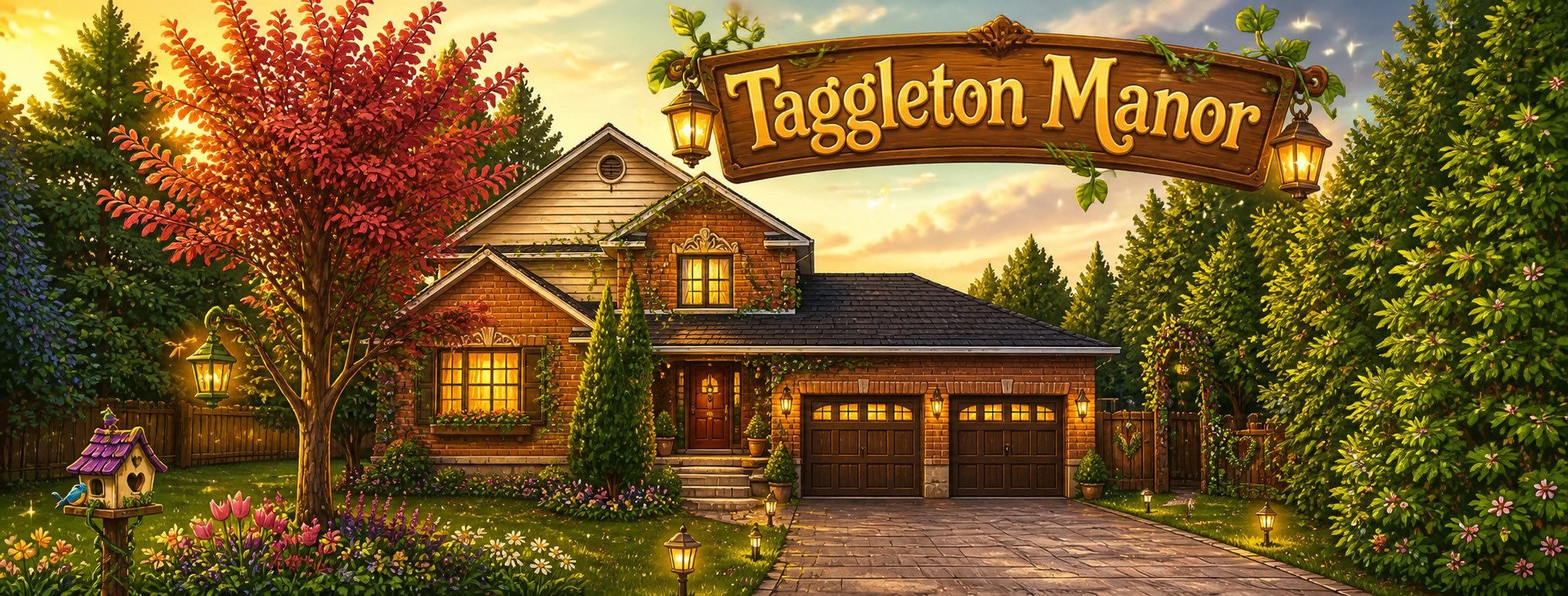 Taggleton Manor: a warm brick house at golden hour with a wooden sign, lanterns and a flowering garden